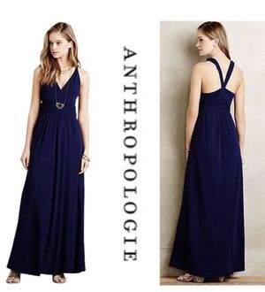 Maeve Anthropologie Yuma Navy V-Neck Crisscross Back Maxi Dress Size 12